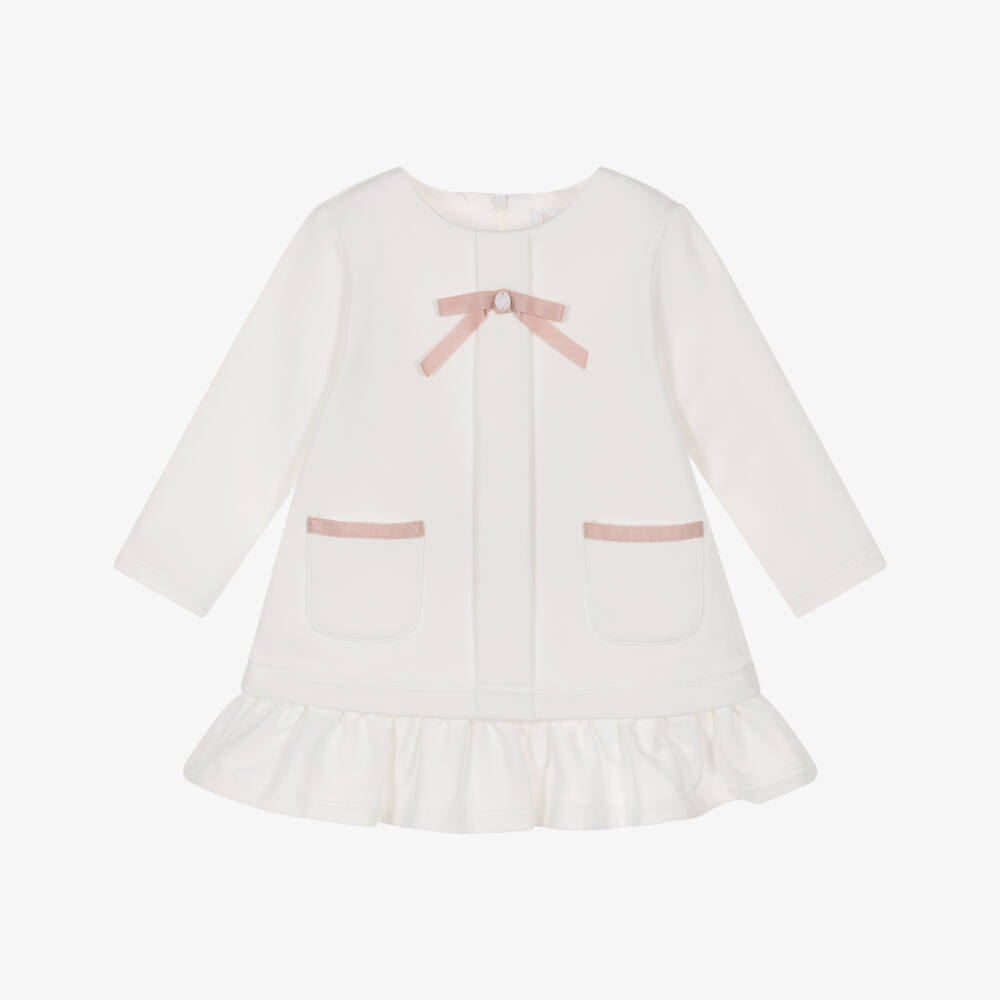 Patachou-Girls Ivory Jersey Dress with Pink Bow | Childrensalon Outlet