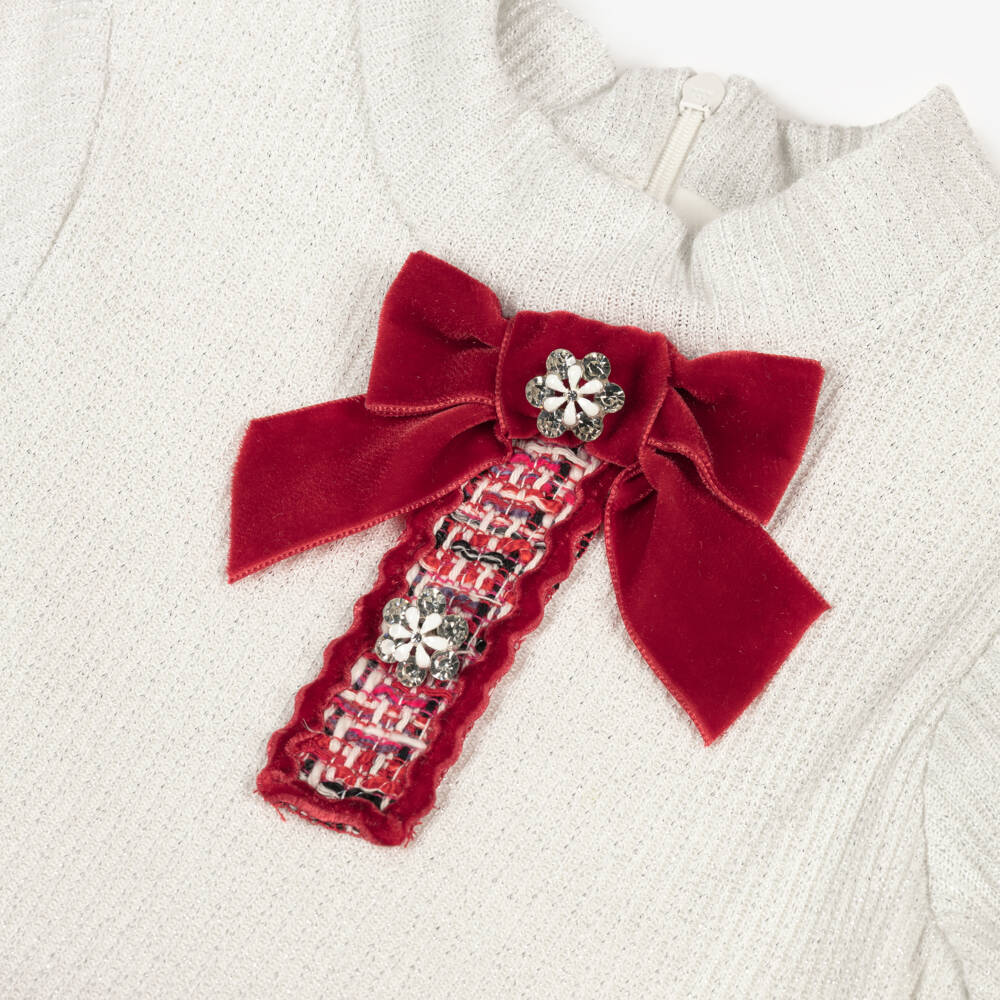 Patachou-Girls Ivory Jersey & Red Tweed Dress | Childrensalon Outlet
