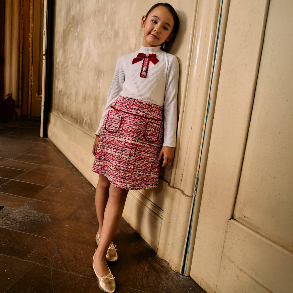 Patachou-Girls Ivory Jersey & Red Tweed Dress | Childrensalon Outlet
