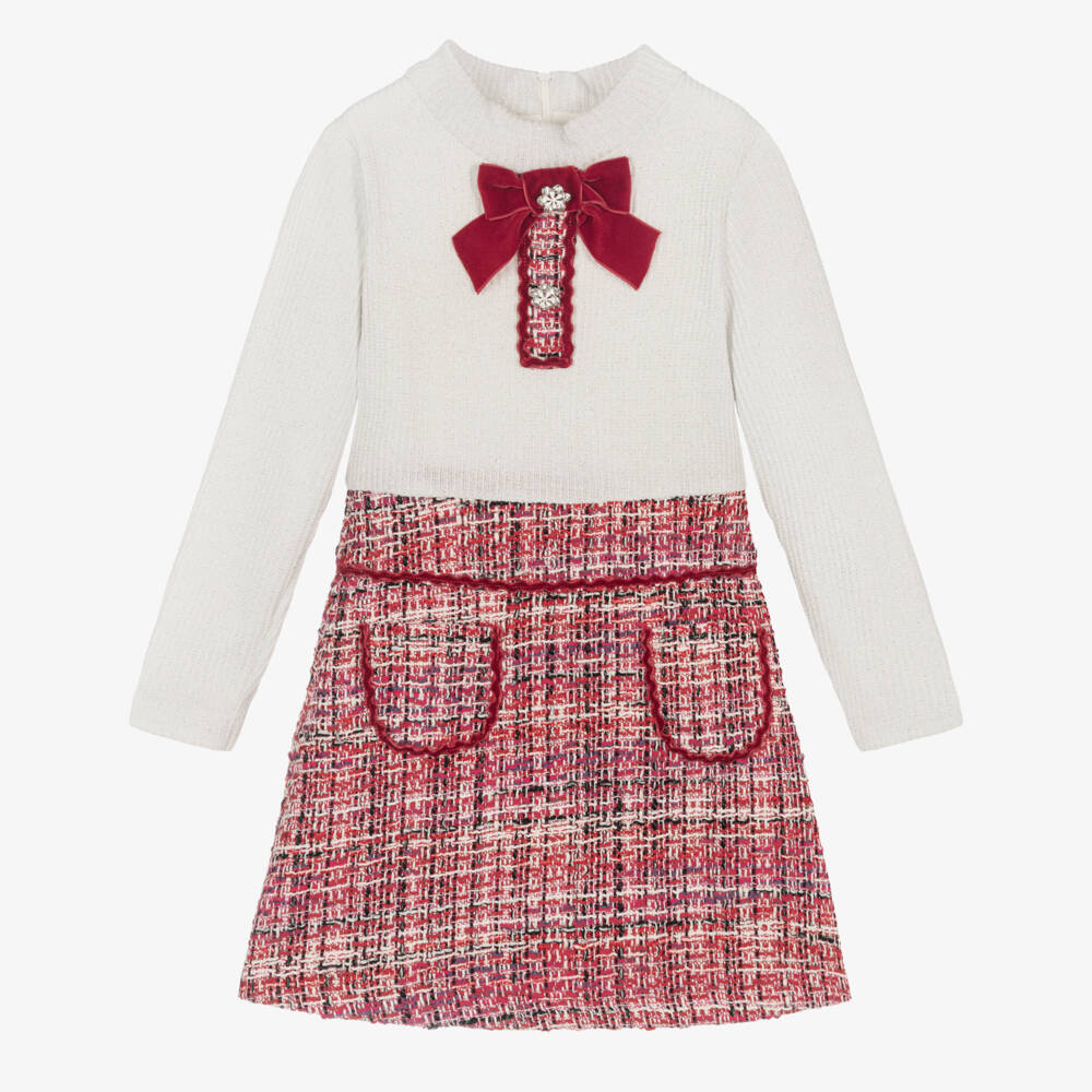 Patachou-Girls Ivory Jersey & Red Tweed Dress | Childrensalon Outlet