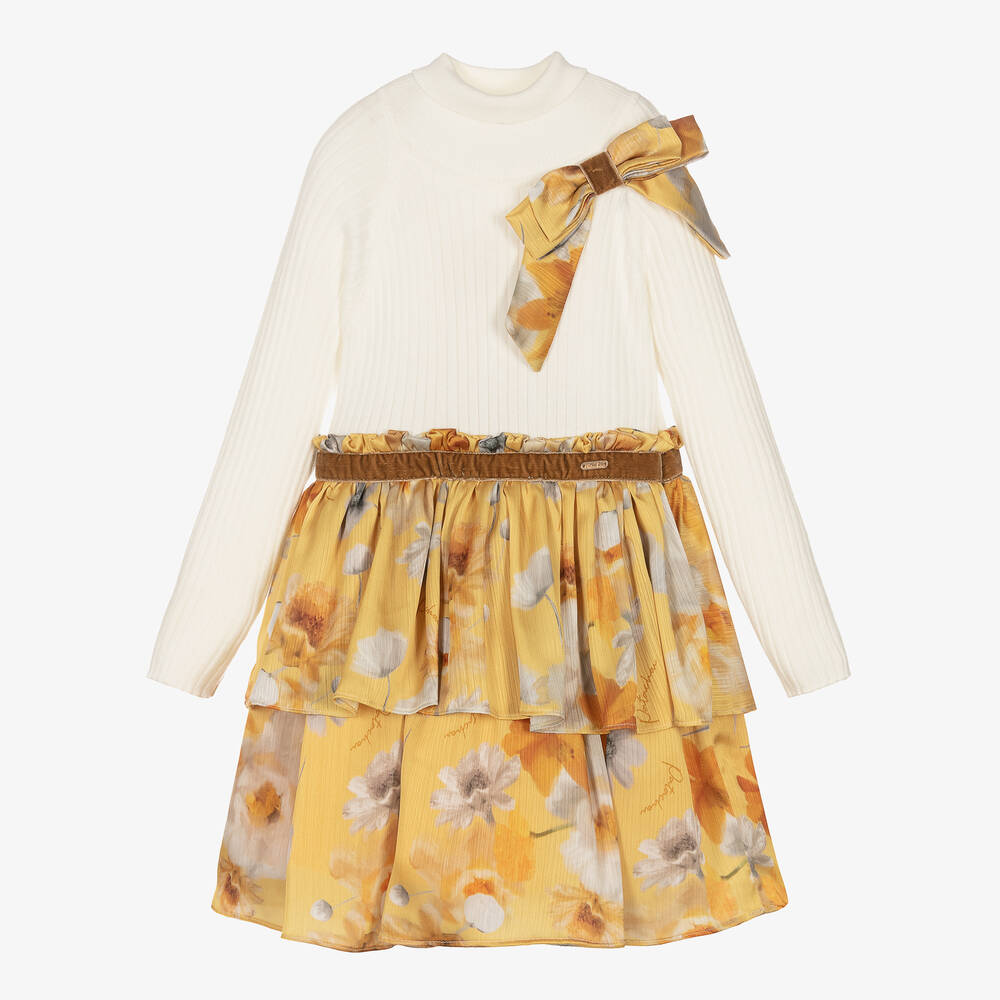Patachou - فستان بطبعة ورود شيفون وجيرسي لون عاجي وأصفر | Childrensalon