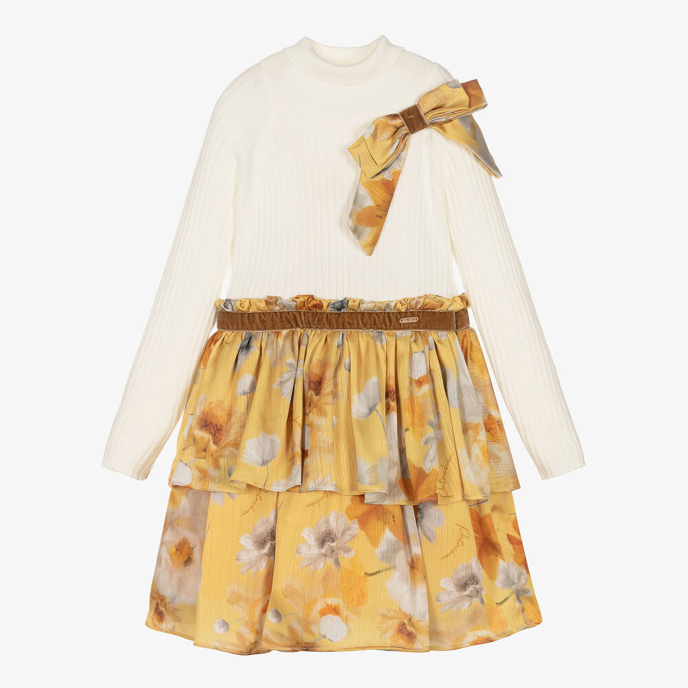 Patachou - Robe jersey ivoire mousseline jaune | Childrensalon