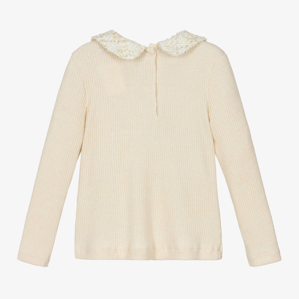 Patachou-بلوفر بياقة تويد فيسكوز لون عاجي للبنات | Childrensalon Outlet
