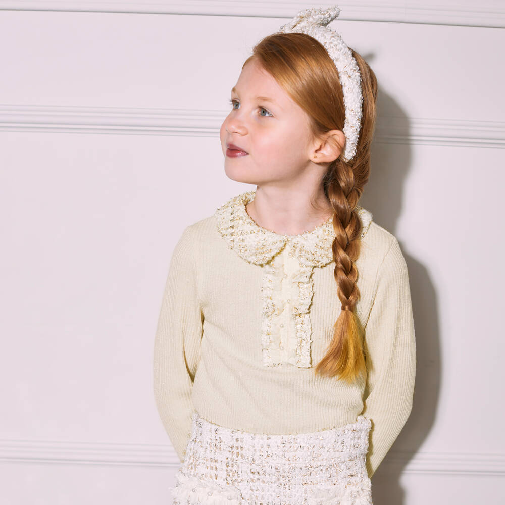 Patachou-بلوفر بياقة تويد فيسكوز لون عاجي للبنات | Childrensalon Outlet