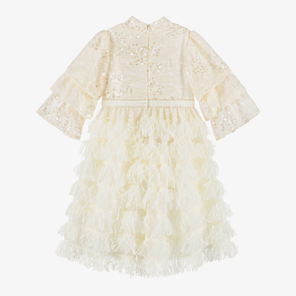 Patachou-Girls Ivory Layered Dress with Sequins & Feathered Tulle | Childrensalon Outlet