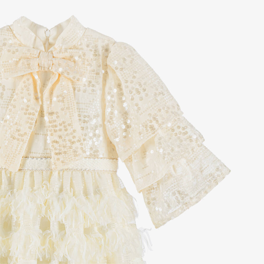 Patachou-Girls Ivory Layered Dress with Sequins & Feathered Tulle | Childrensalon Outlet