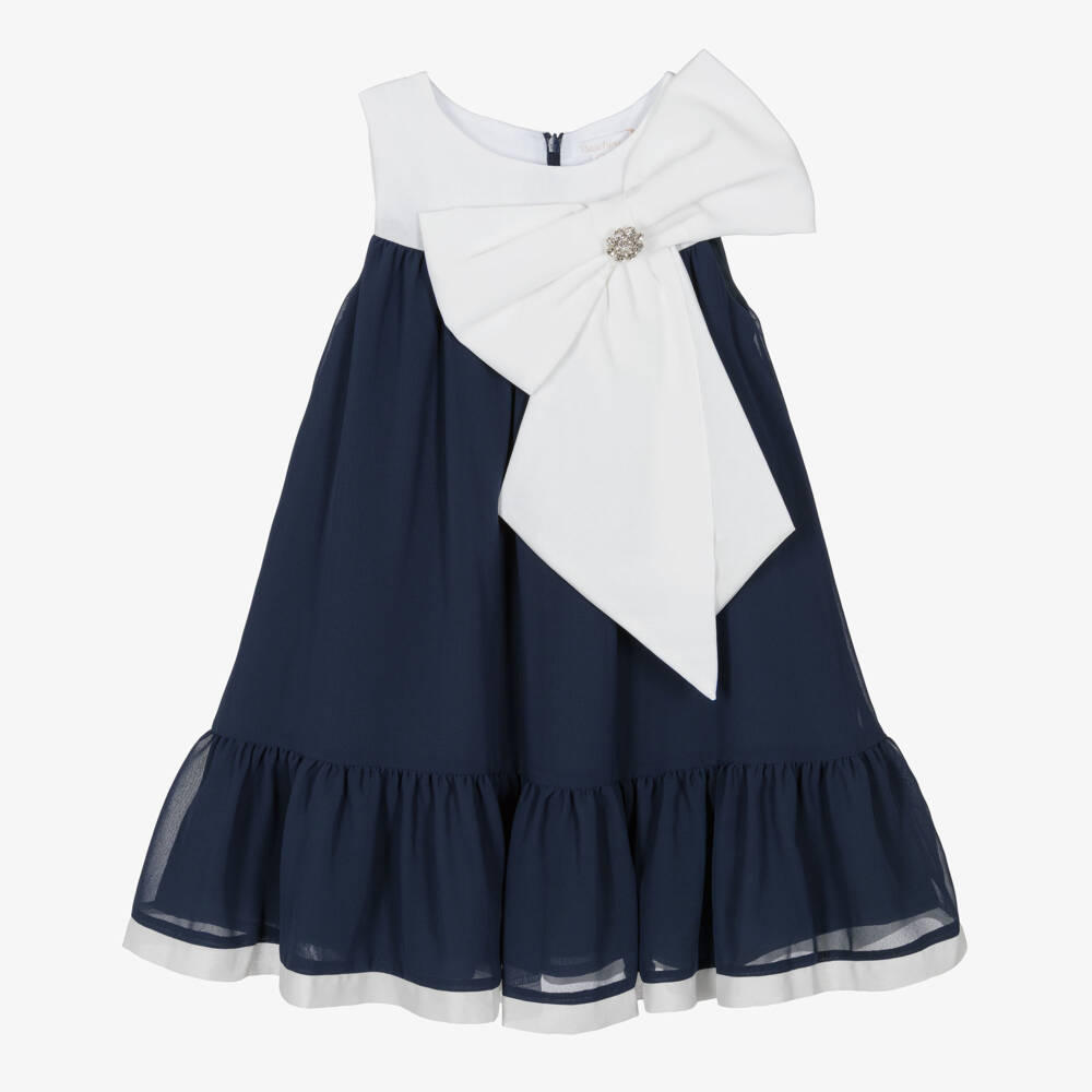 Patachou-Girls Ivory & Navy Blue Chiffon Dress with Statement Bow | Childrensalon Outlet