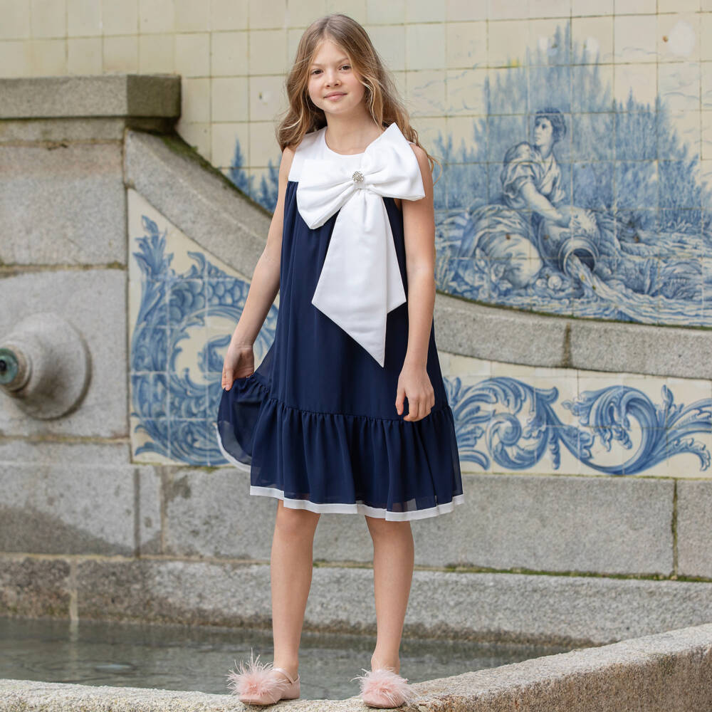 Patachou-Girls Ivory & Navy Blue Chiffon Dress with Statement Bow | Childrensalon Outlet