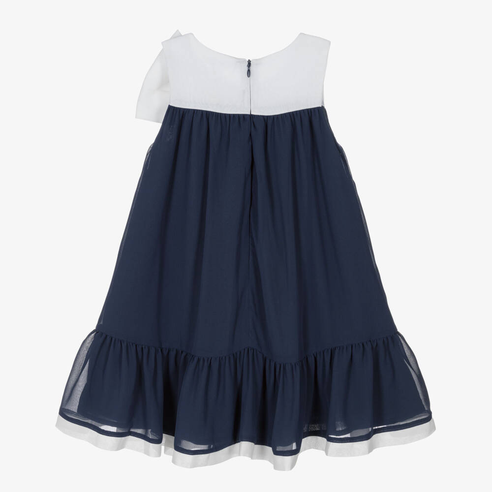 Patachou-Girls Ivory & Navy Blue Chiffon Dress with Statement Bow | Childrensalon Outlet