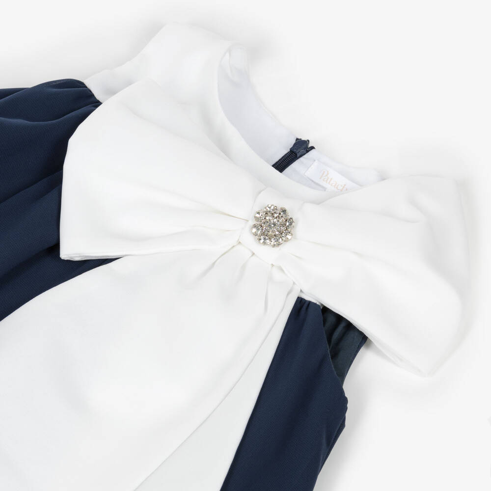 Patachou-Girls Ivory & Navy Blue Chiffon Dress with Statement Bow | Childrensalon Outlet