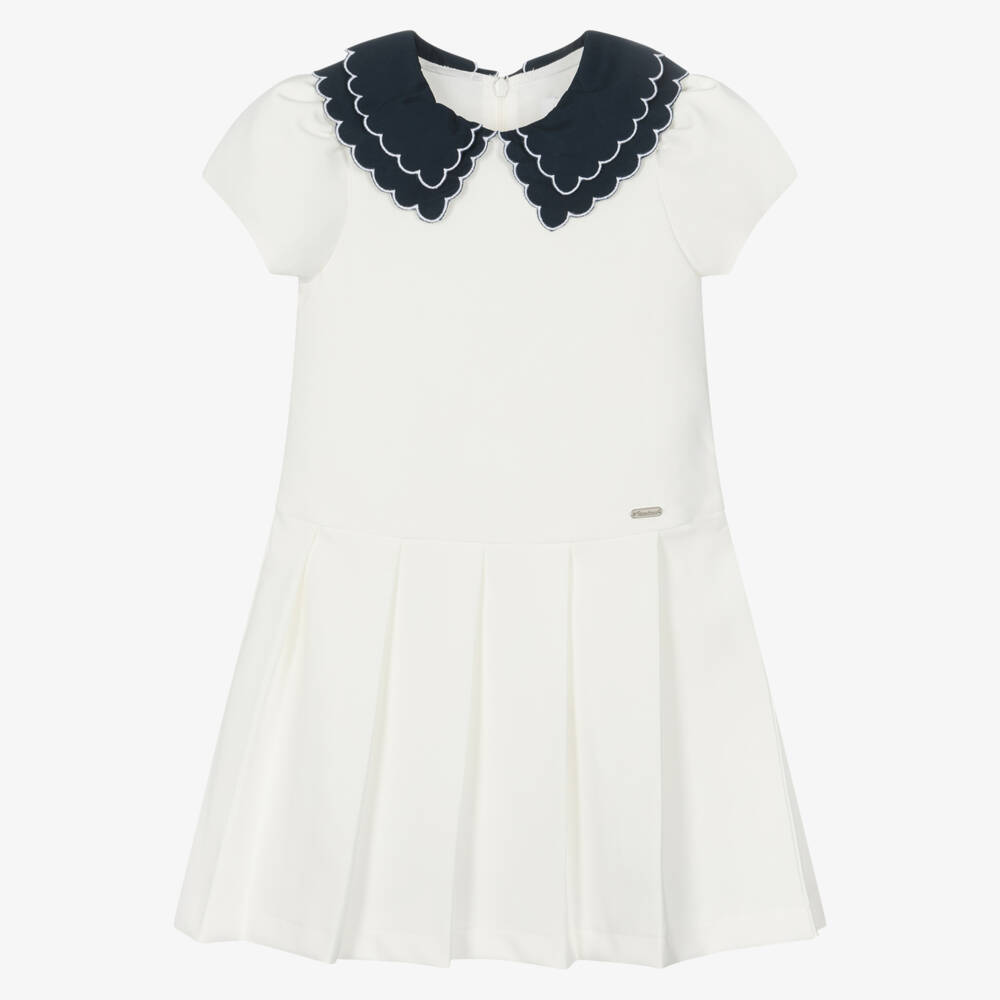 Patachou-Girls Ivory & Navy Blue Scallop Collar Dress | Childrensalon Outlet