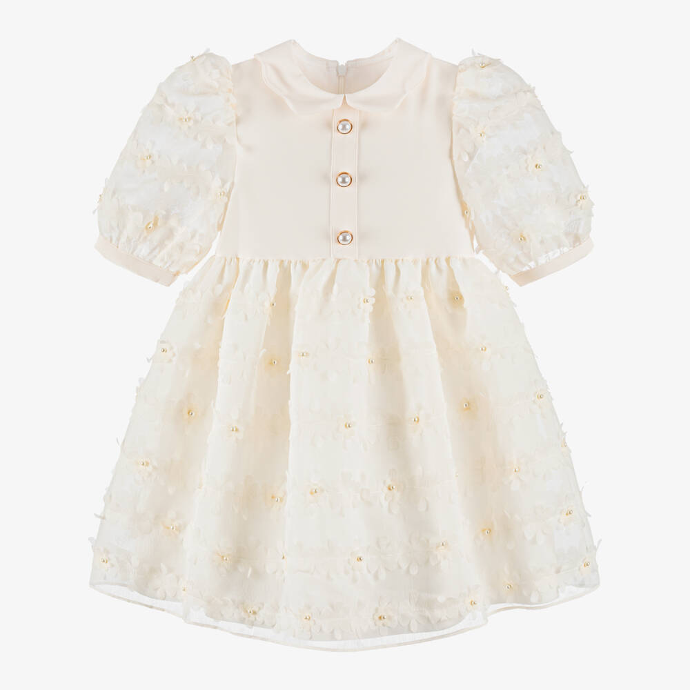 Patachou-Girls Ivory Organza Dress with Flower Appliqués | Childrensalon Outlet