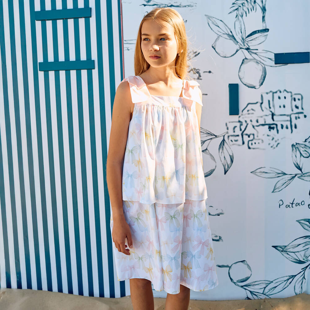 Patachou-Girls Ivory & Pastel Bow Print Layered Cotton Dress | Childrensalon Outlet