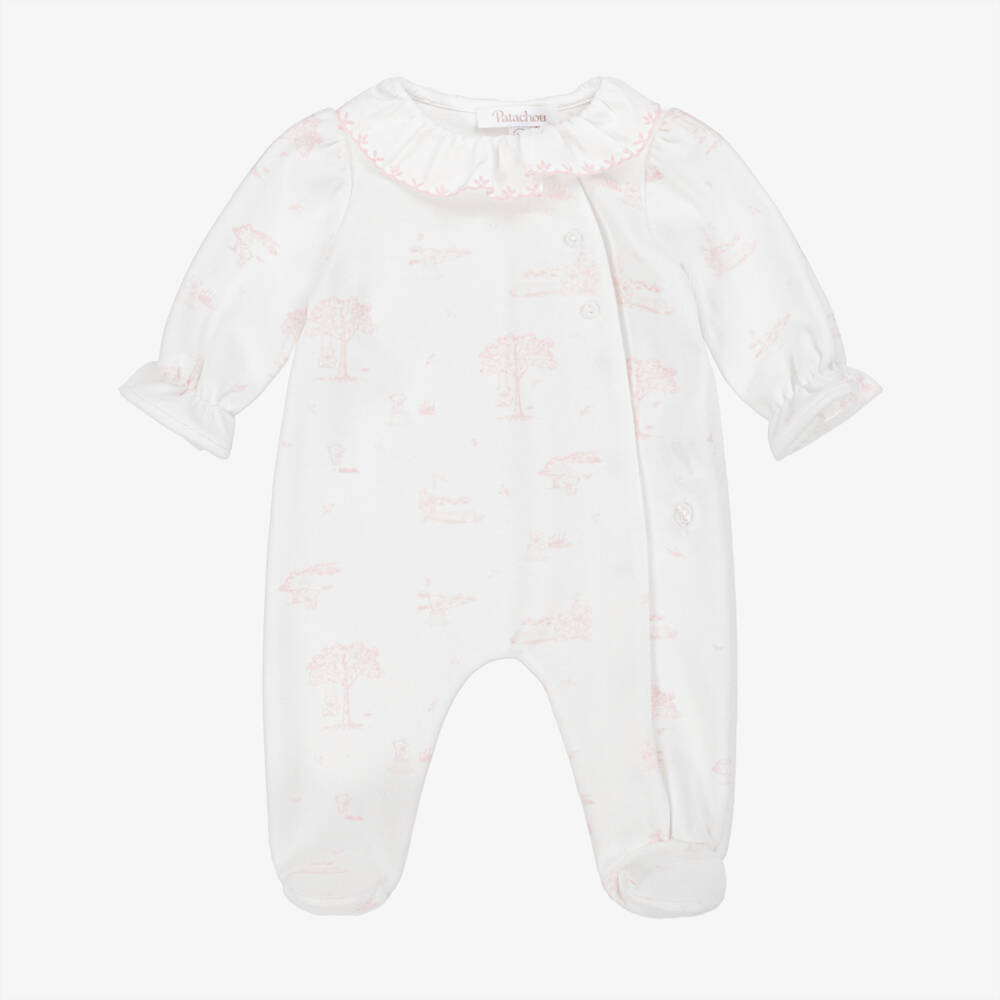 Patachou-Girls Ivory & Pink Cotton Velour Babygrow | Childrensalon Outlet