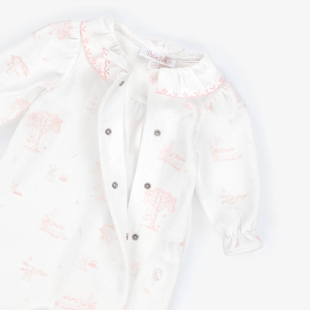 Patachou-Girls Ivory & Pink Cotton Velour Babygrow | Childrensalon Outlet