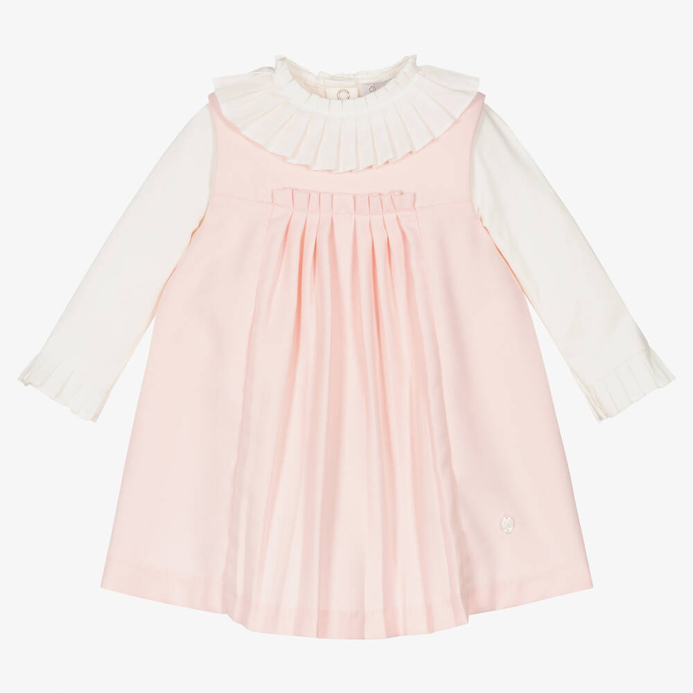 Patachou - Girls Ivory & Pink Pinafore Dress Set | Childrensalon