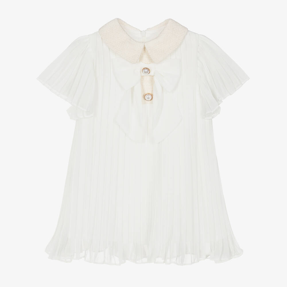 Patachou-Girls Ivory Pleated Chiffon Dress with Bow | Childrensalon Outlet