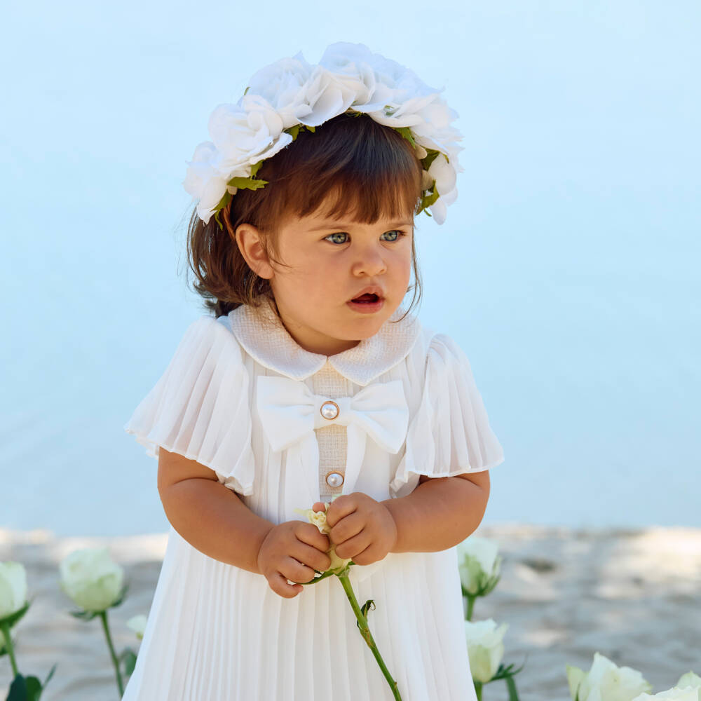 Patachou-Girls Ivory Pleated Chiffon Dress with Bow | Childrensalon Outlet