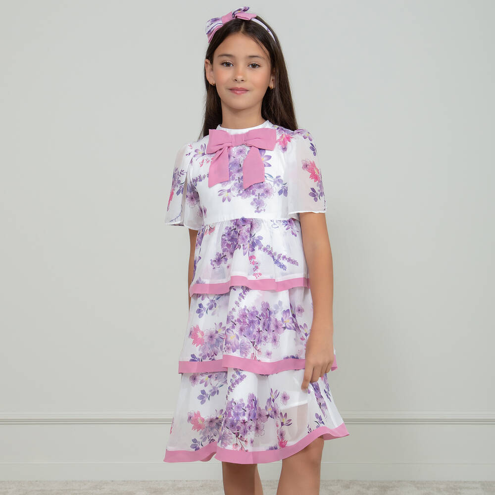 Patachou-Кремово-фиолетовое многоярусное платье с цветами | Childrensalon Outlet