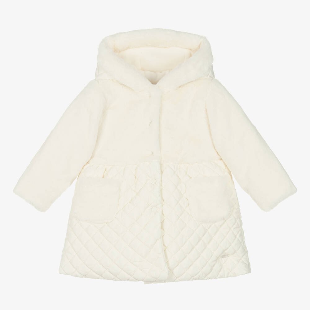 Patachou-Girls Ivory Quilted Faux Fur Coat | Childrensalon Outlet