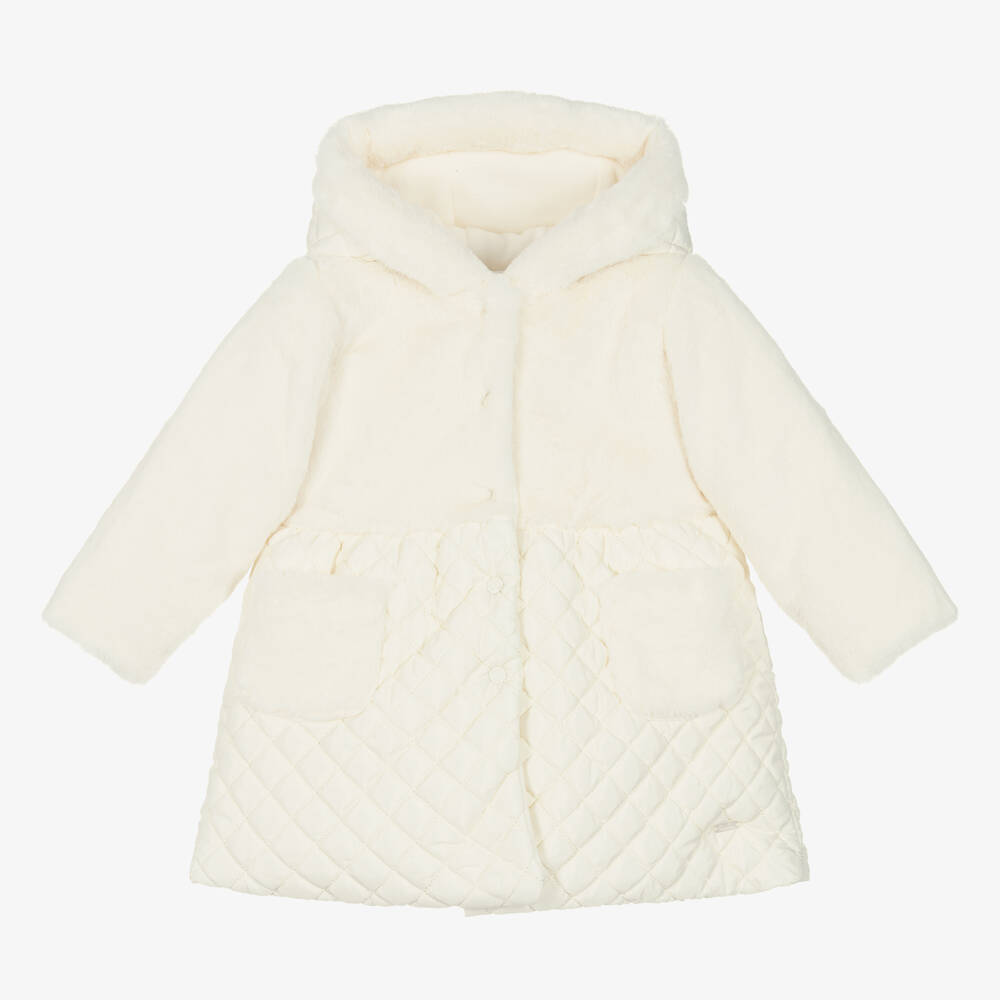 Patachou - Girls Ivory Quilted Faux Fur Coat | Childrensalon