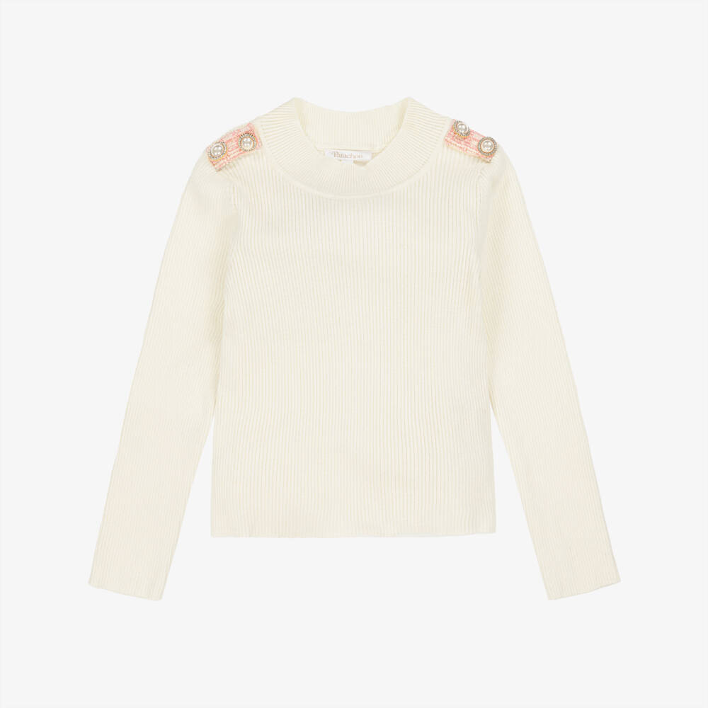 Patachou-Girls Ivory Ribbed Knit Sweater | Childrensalon Outlet