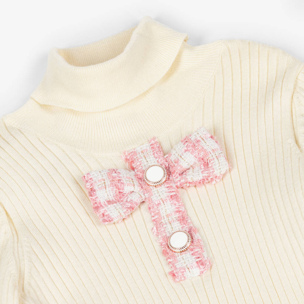 Patachou-Girls Ivory Roll Neck Jumper & Pink Tweed Skirt Set | Childrensalon Outlet