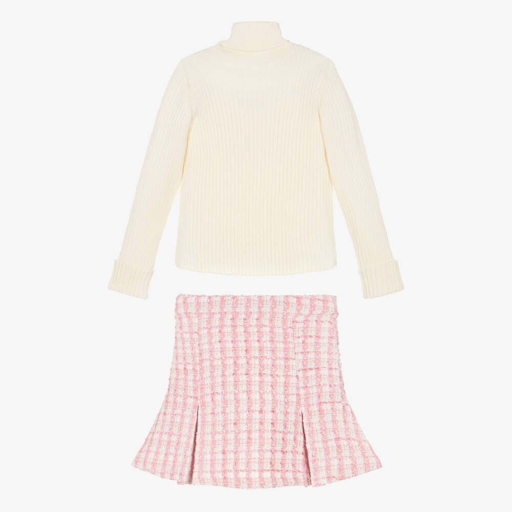 Patachou-Girls Ivory Roll Neck Jumper & Pink Tweed Skirt Set | Childrensalon Outlet