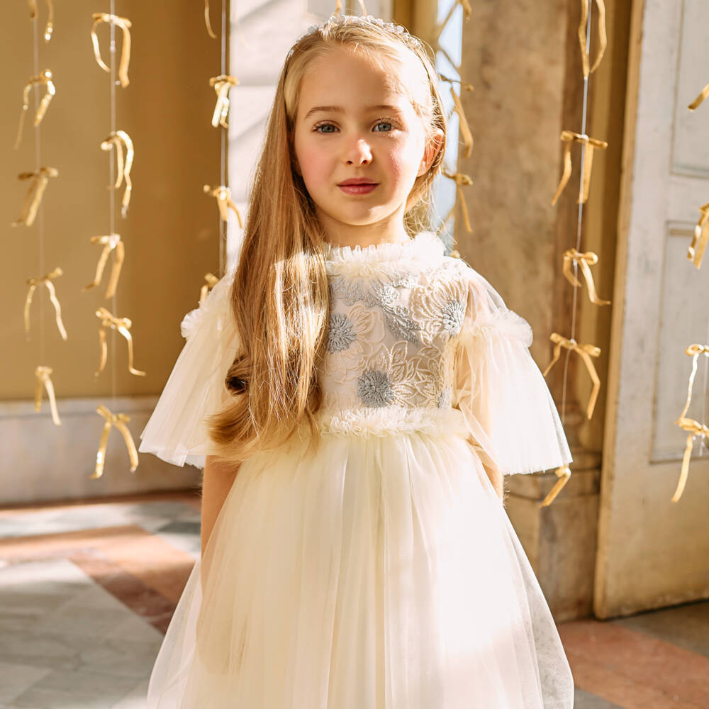 Patachou-فستان تول عاجي فضي للبنات | Childrensalon Outlet