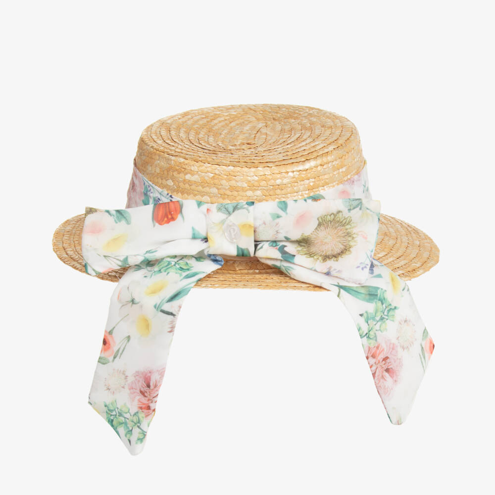 Patachou-Girls Ivory Straw Hat with Floral Accents | Childrensalon Outlet