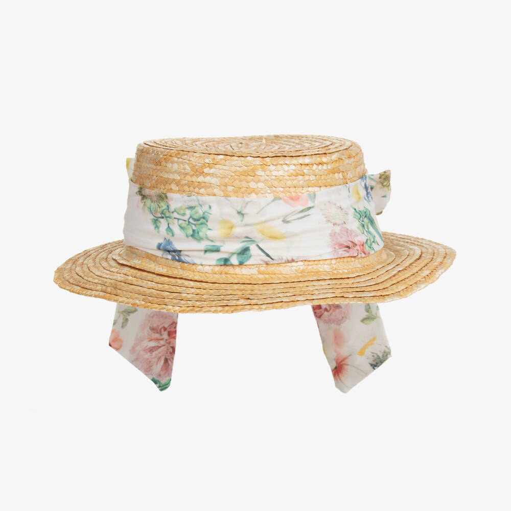 Patachou-Girls Ivory Straw Hat with Floral Accents | Childrensalon Outlet