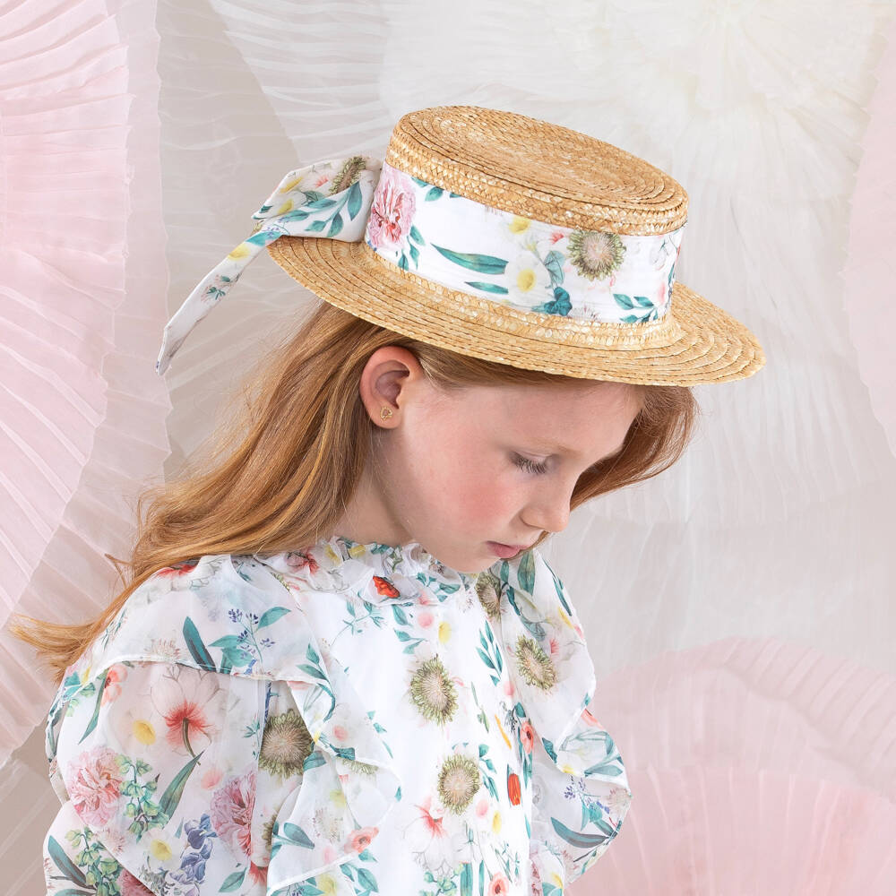 Patachou-Girls Ivory Straw Hat with Floral Accents | Childrensalon Outlet