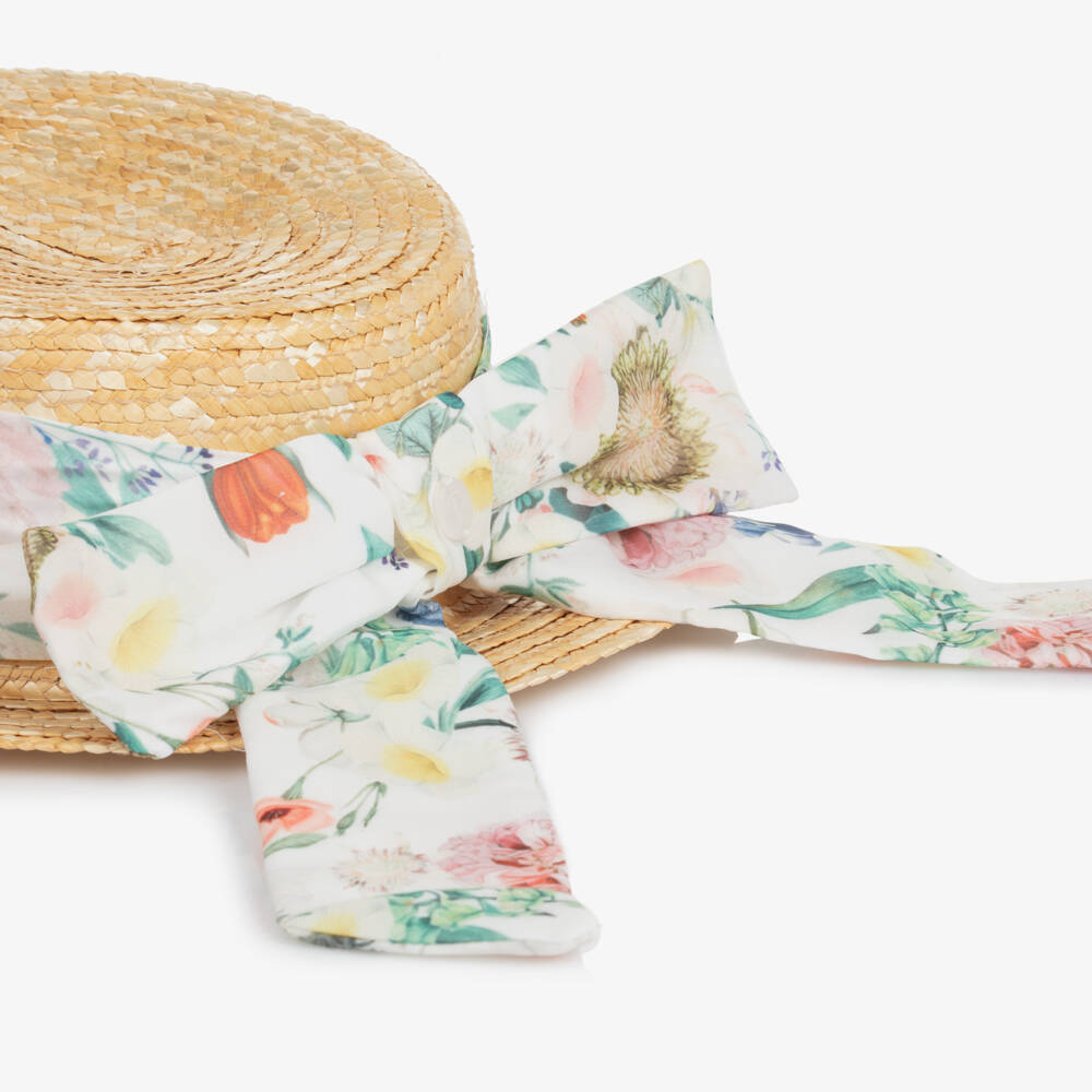 Patachou-Girls Ivory Straw Hat with Floral Accents | Childrensalon Outlet