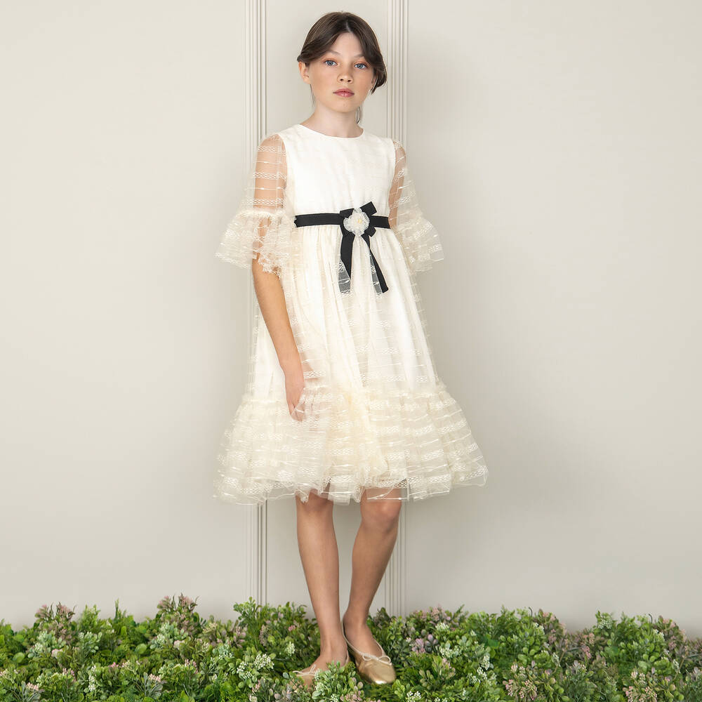 Patachou-فستان تول وشيفون لون عاجي | Childrensalon Outlet