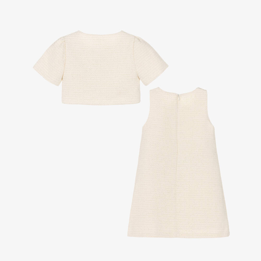 Patachou-Girls Ivory Tweed Dress Set with Pearl Buttons | Childrensalon Outlet