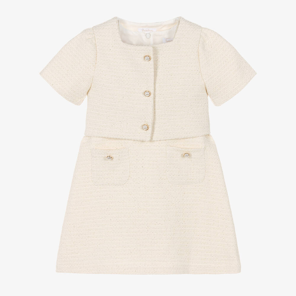 Patachou-Girls Ivory Tweed Dress Set with Pearl Buttons | Childrensalon Outlet