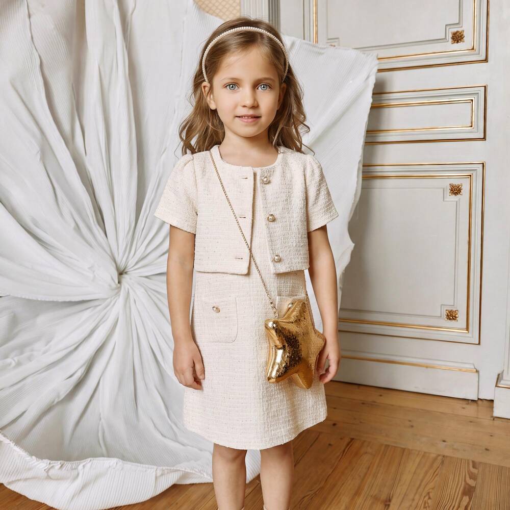 Patachou-Girls Ivory Tweed Dress Set with Pearl Buttons | Childrensalon Outlet