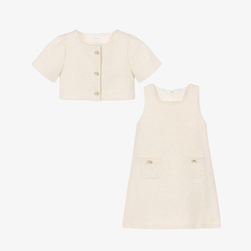 Patachou-Girls Ivory Tweed Dress Set with Pearl Buttons | Childrensalon Outlet