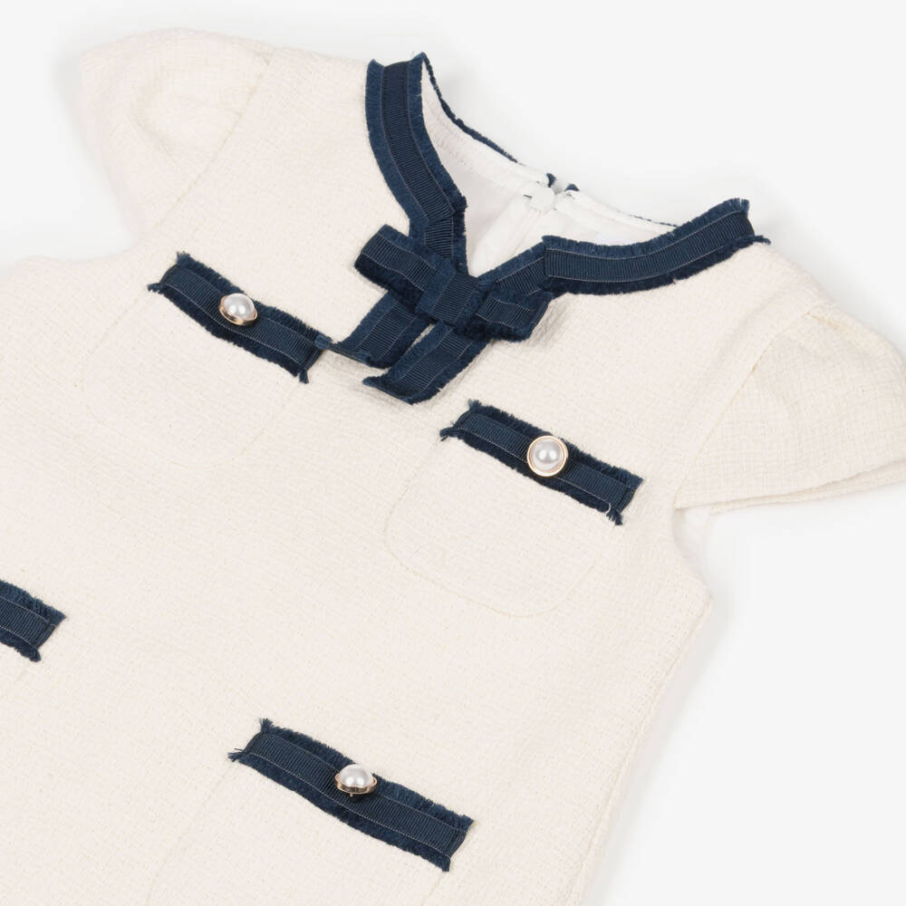 Patachou-Girls Ivory Tweed Dress with Contrast Navy Blue Trim | Childrensalon Outlet