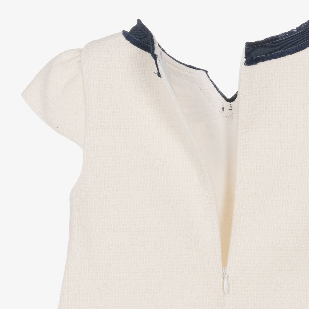 Patachou-Girls Ivory Tweed Dress with Contrast Navy Blue Trim | Childrensalon Outlet
