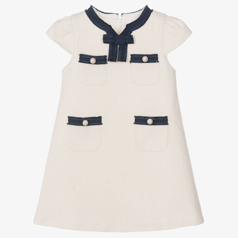 Patachou-Girls Ivory Tweed Dress with Contrast Navy Blue Trim | Childrensalon Outlet