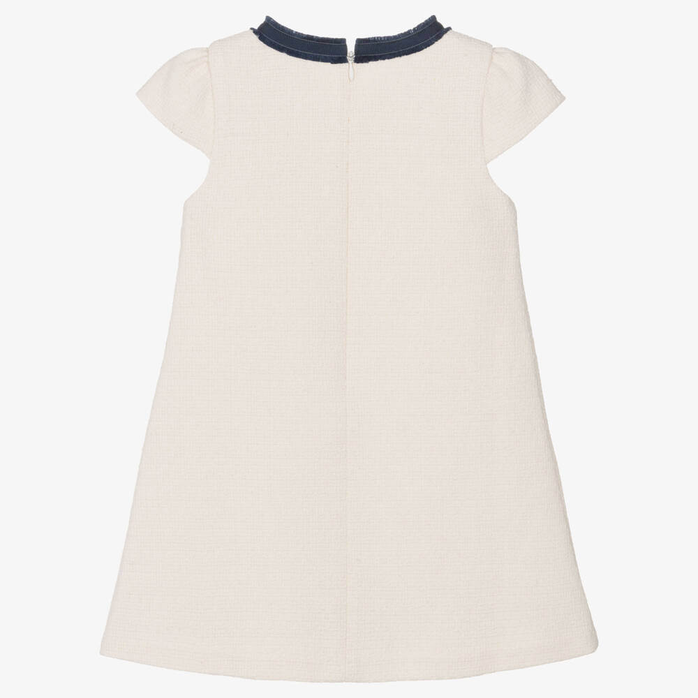Patachou-Girls Ivory Tweed Dress with Contrast Navy Blue Trim | Childrensalon Outlet