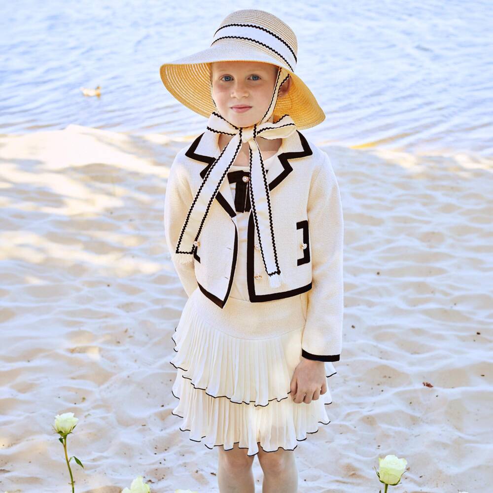 Patachou-Girls Ivory Tweed Jacket with Navy Blue Grosgrain Trim | Childrensalon Outlet