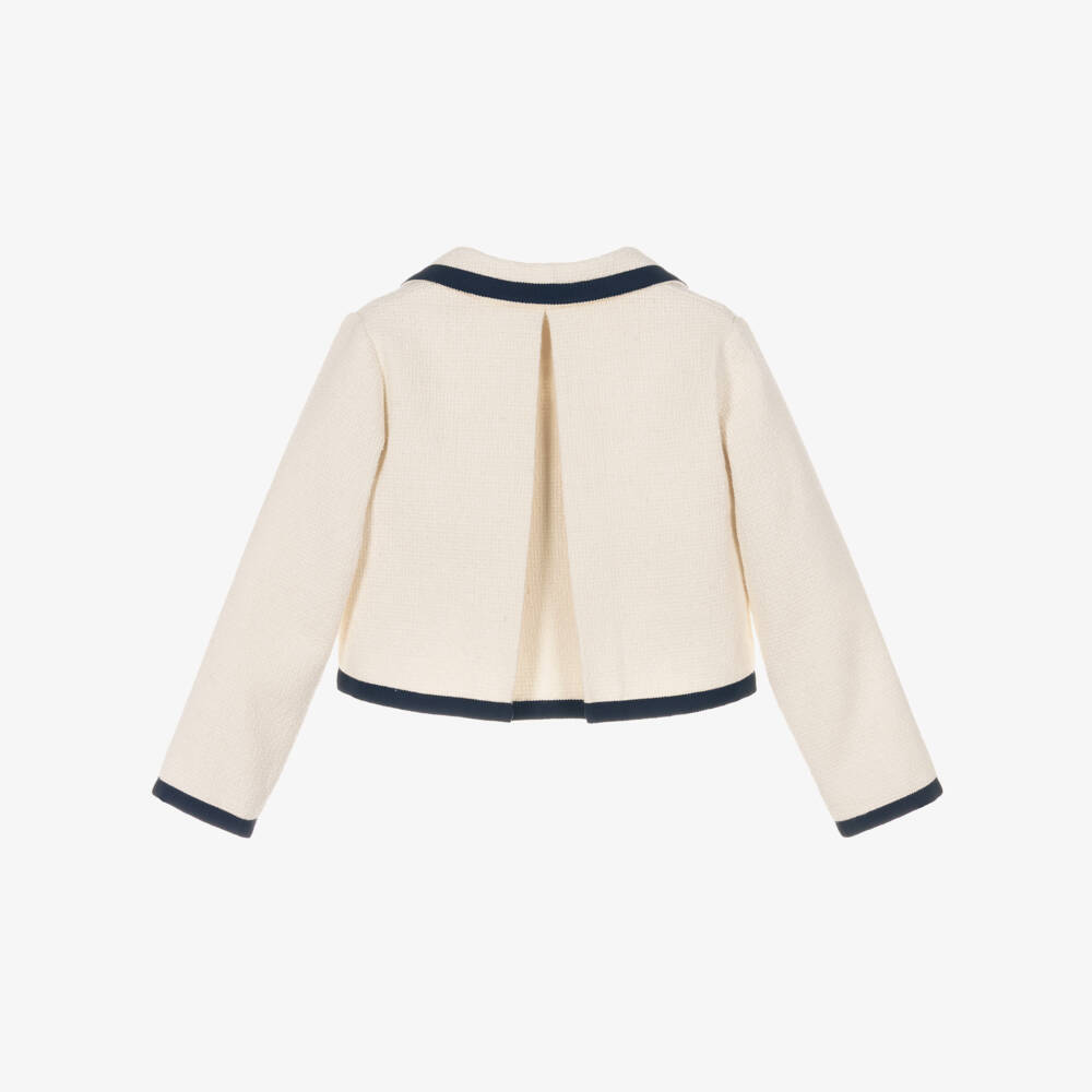 Patachou-Girls Ivory Tweed Jacket with Navy Blue Grosgrain Trim | Childrensalon Outlet