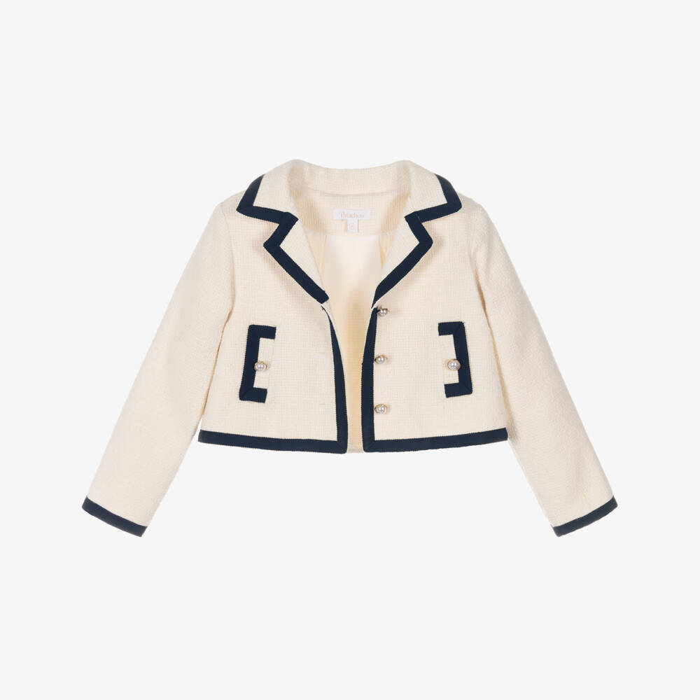 Patachou-Girls Ivory Tweed Jacket with Navy Blue Grosgrain Trim | Childrensalon Outlet