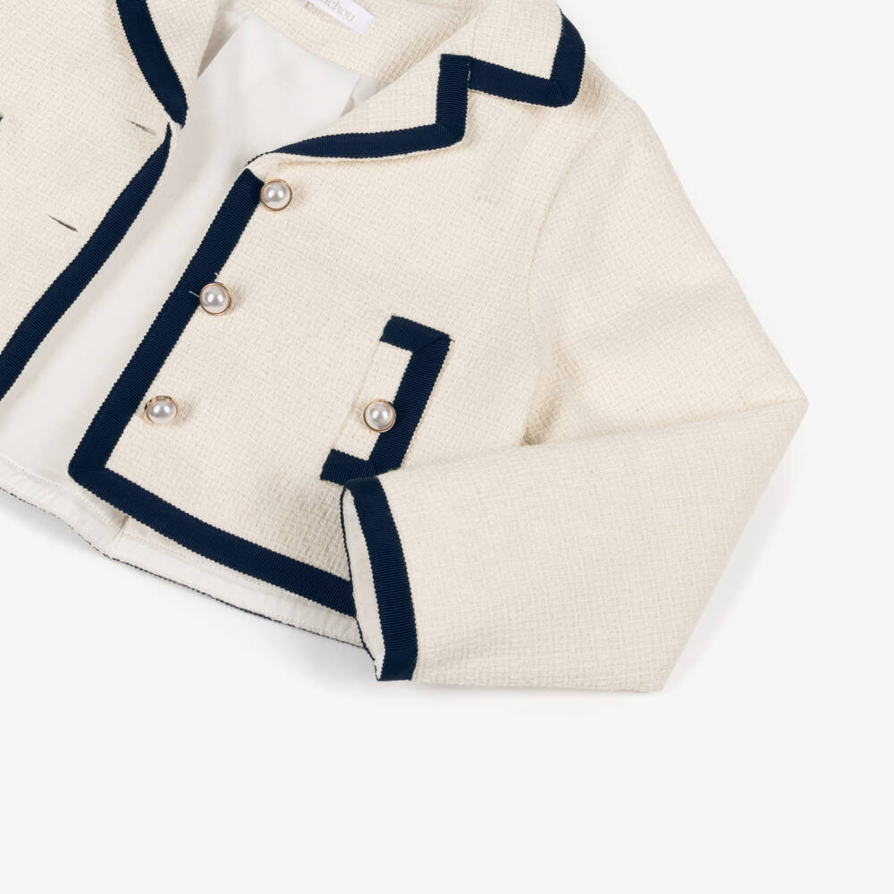 Patachou-Girls Ivory Tweed Jacket with Navy Blue Grosgrain Trim | Childrensalon Outlet