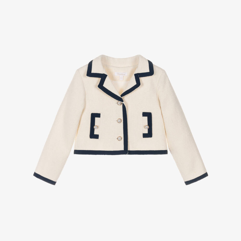 Patachou-Girls Ivory Tweed Jacket with Navy Blue Grosgrain Trim | Childrensalon Outlet