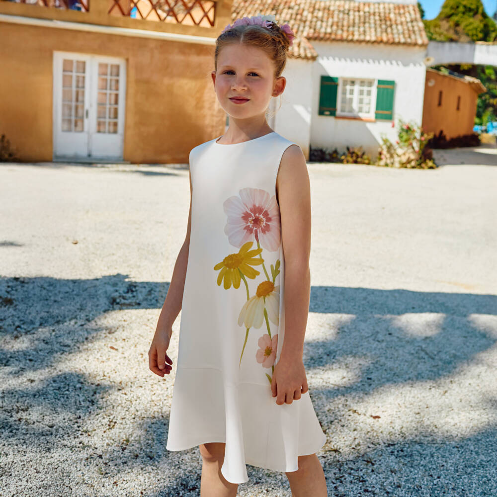 Patachou-Girls Ivory Watercolour Floral Crêpe Dress | Childrensalon Outlet