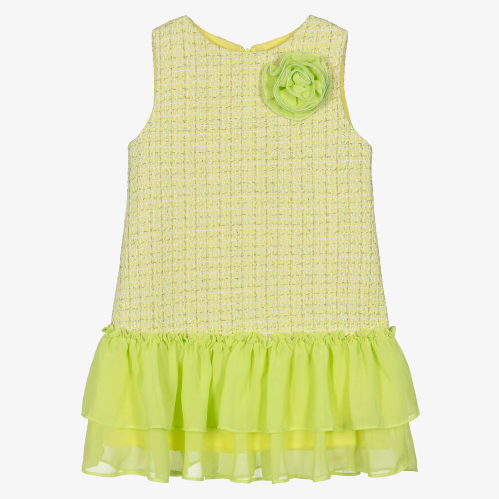 Patachou-Girls Lime Green Tweed & Crêpe Chiffon Dress | Childrensalon Outlet