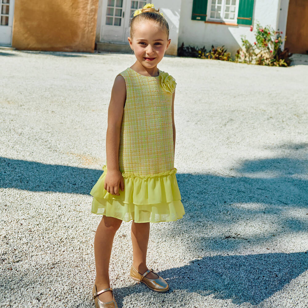 Patachou-Girls Lime Green Tweed & Crêpe Chiffon Dress | Childrensalon Outlet
